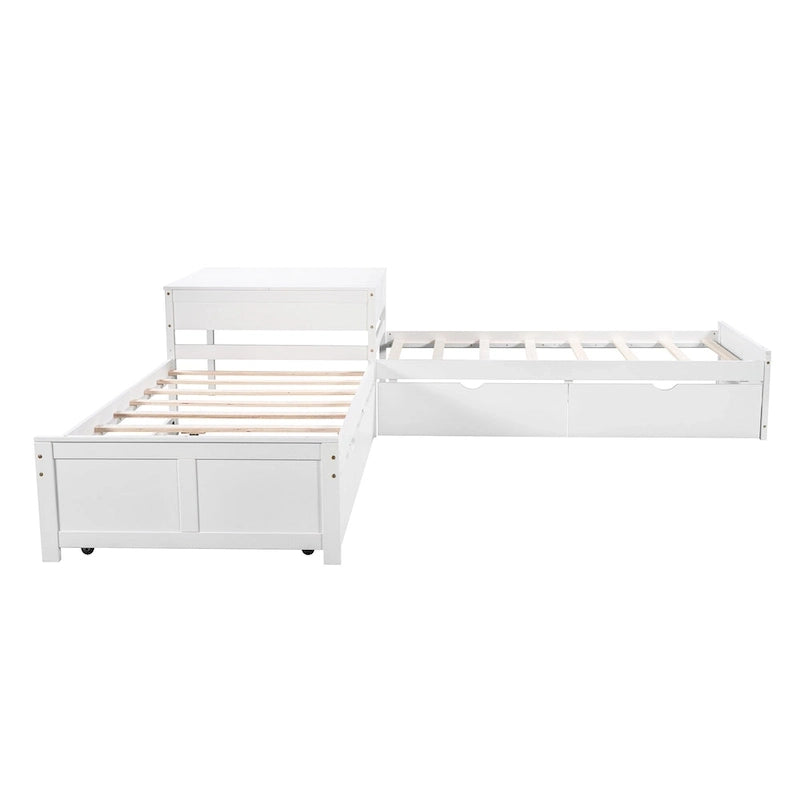 Lit superposé jumeau en forme de L blanc avec lit gigogne et tiroirs, 3 couchages