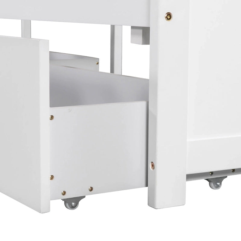 Lit superposé jumeau en forme de L blanc avec lit gigogne et tiroirs, 3 couchages