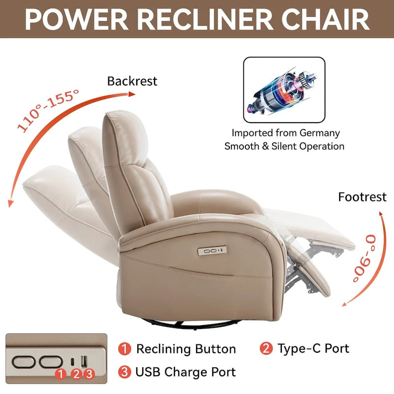 Fauteuil inclinable, pivotant et à bascule électrique en similicuir PU marron/beige, une place