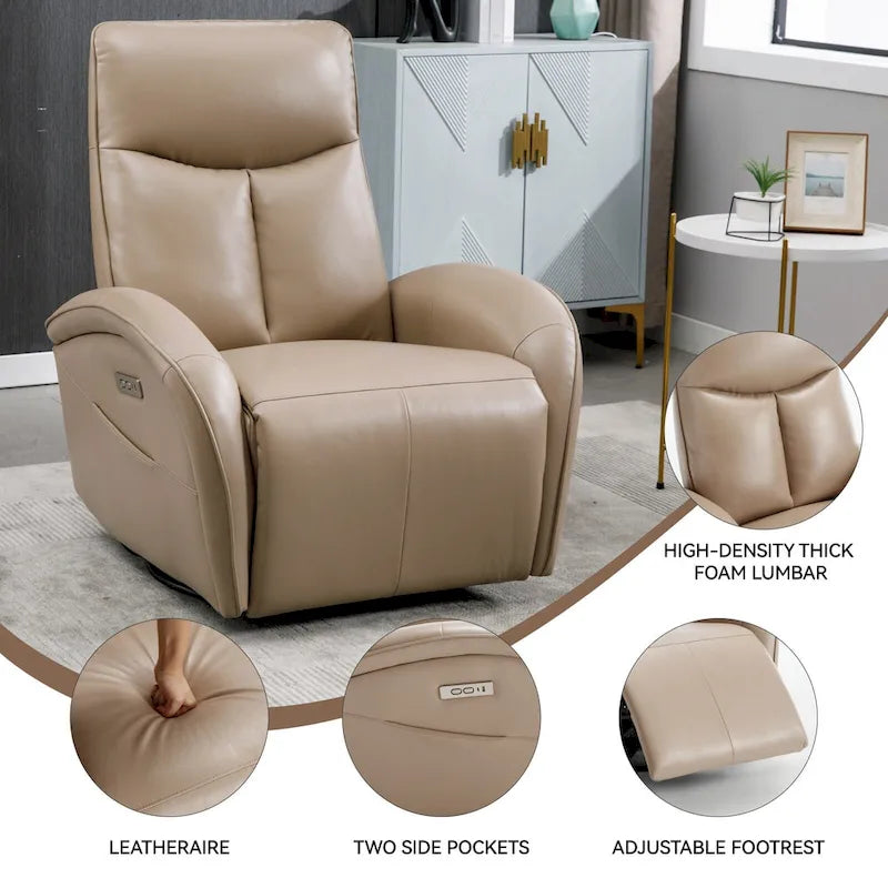 Fauteuil inclinable, pivotant et à bascule électrique en similicuir PU marron/beige, une place