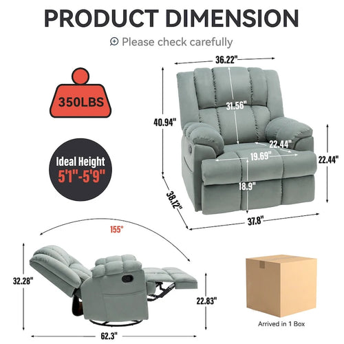Fauteuil inclinable pivotant et à bascule surdimensionné, une place, beige/vert/bleu, revêtement en tissu