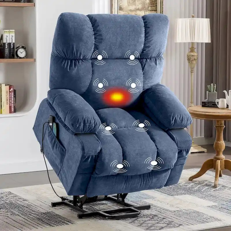Fauteuil releveur électrique 1 place Bleu / Gris / Marron – Chauffant, massant et avec port USB de charge