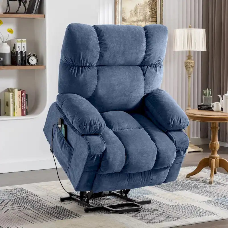 Fauteuil releveur électrique 1 place Bleu / Gris / Marron – Chauffant, massant et avec port USB de charge