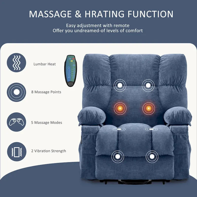 Fauteuil releveur électrique 1 place Bleu / Gris / Marron – Chauffant, massant et avec port USB de charge