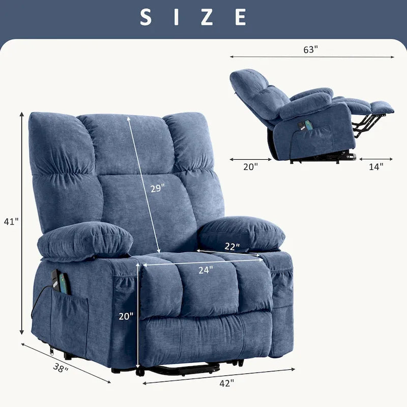 Fauteuil releveur électrique 1 place Bleu / Gris / Marron – Chauffant, massant et avec port USB de charge