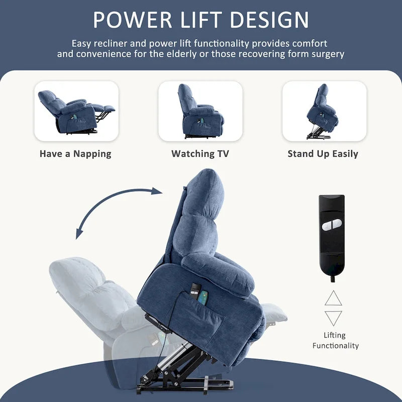 Fauteuil releveur électrique 1 place Bleu / Gris / Marron – Chauffant, massant et avec port USB de charge