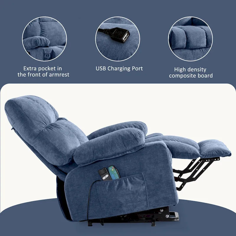 Fauteuil releveur électrique 1 place Bleu / Gris / Marron – Chauffant, massant et avec port USB de charge