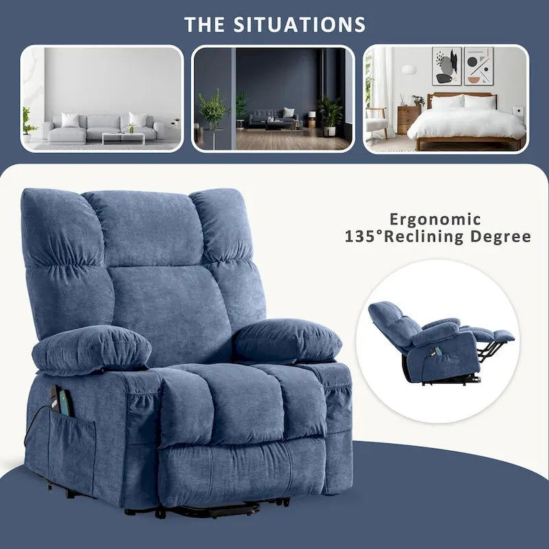 Fauteuil releveur électrique 1 place Bleu / Gris / Marron – Chauffant, massant et avec port USB de charge