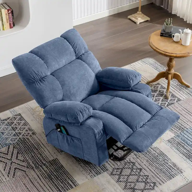 Fauteuil releveur électrique 1 place Bleu / Gris / Marron – Chauffant, massant et avec port USB de charge