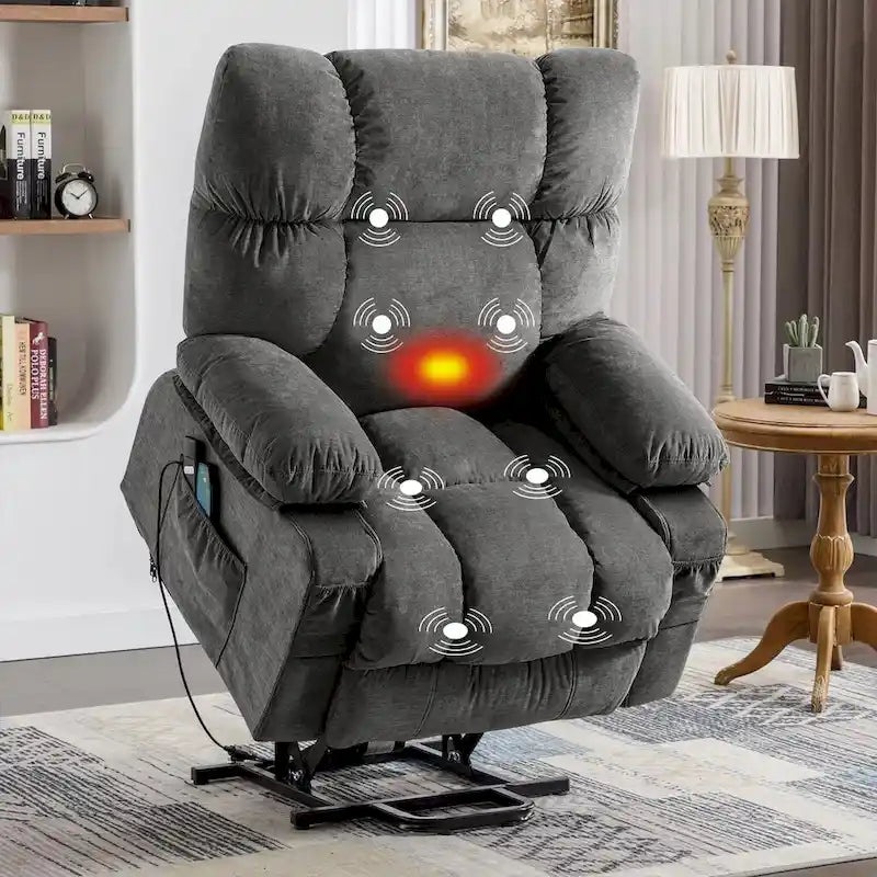 Fauteuil releveur électrique 1 place Bleu / Gris / Marron – Chauffant, massant et avec port USB de charge