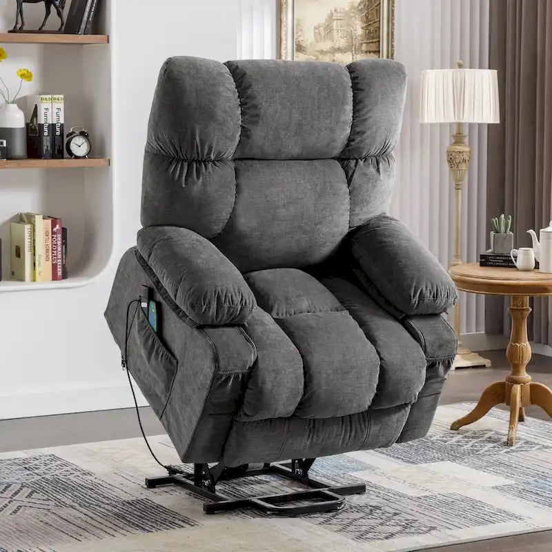 Fauteuil releveur électrique 1 place Bleu / Gris / Marron – Chauffant, massant et avec port USB de charge