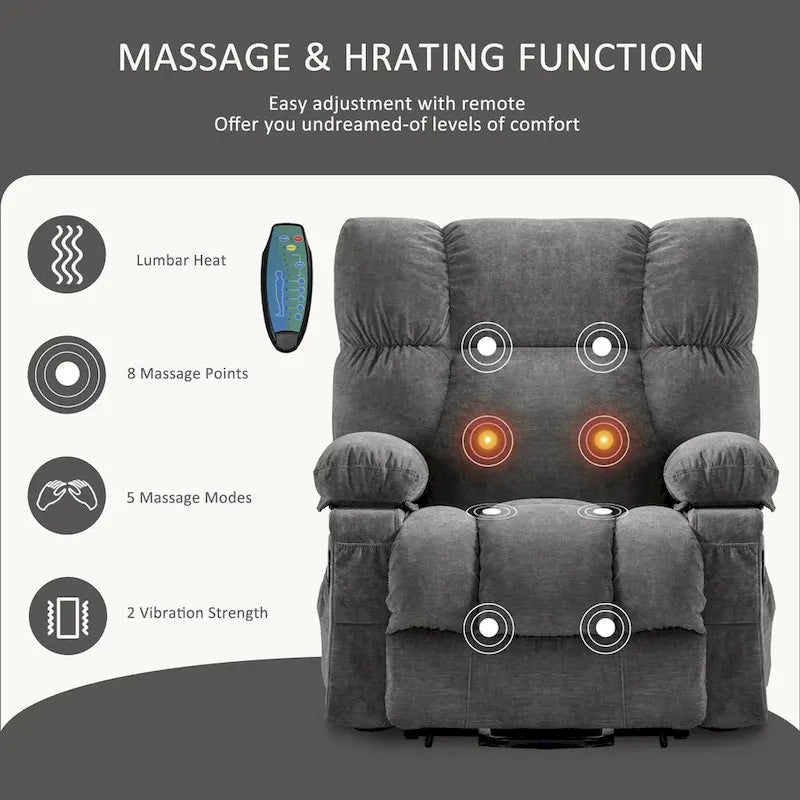 Fauteuil releveur électrique 1 place Bleu / Gris / Marron – Chauffant, massant et avec port USB de charge