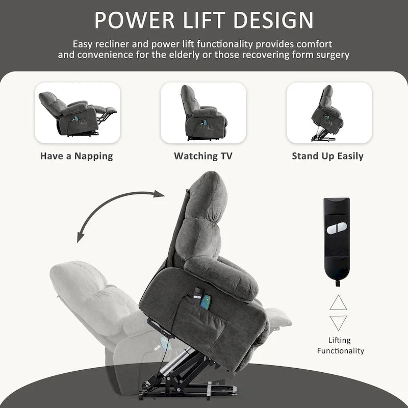 Fauteuil releveur électrique 1 place Bleu / Gris / Marron – Chauffant, massant et avec port USB de charge