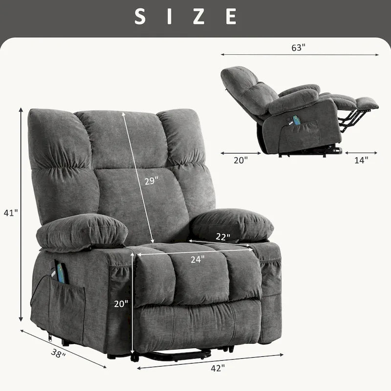 Fauteuil releveur électrique 1 place Bleu / Gris / Marron – Chauffant, massant et avec port USB de charge