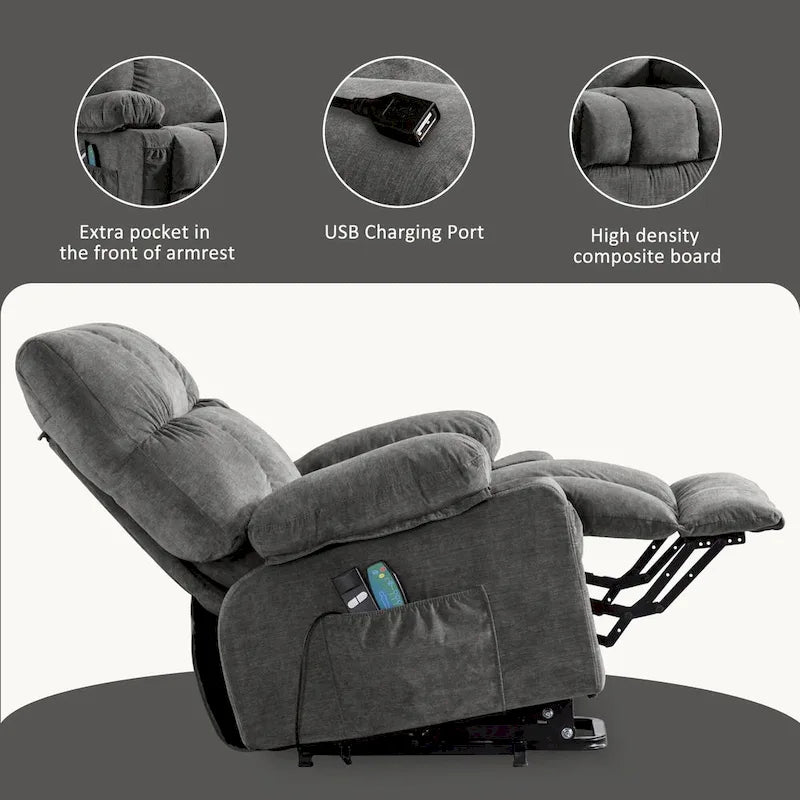 Fauteuil releveur électrique 1 place Bleu / Gris / Marron – Chauffant, massant et avec port USB de charge
