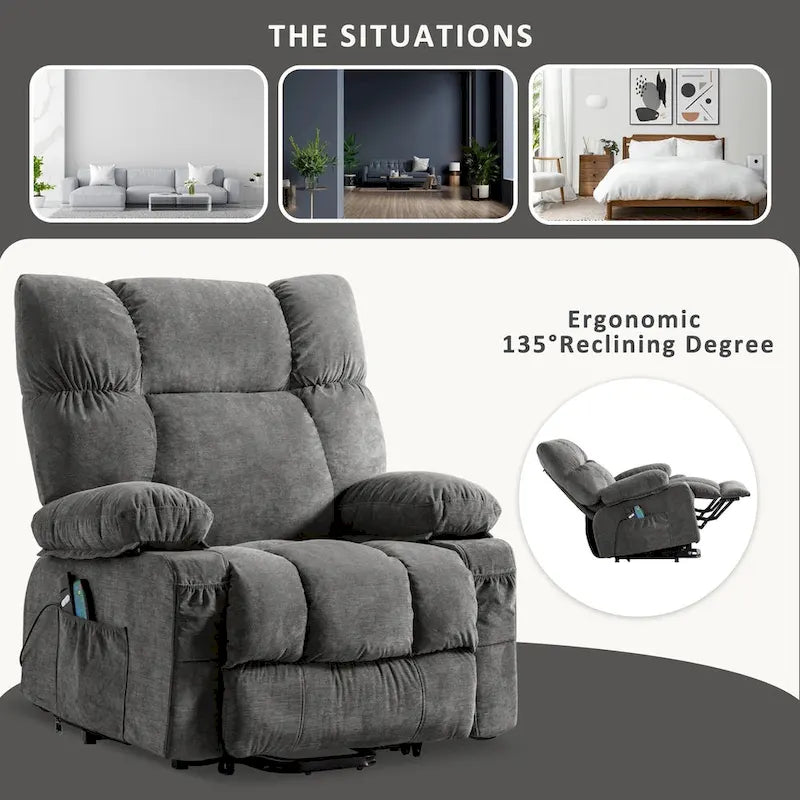 Fauteuil releveur électrique 1 place Bleu / Gris / Marron – Chauffant, massant et avec port USB de charge