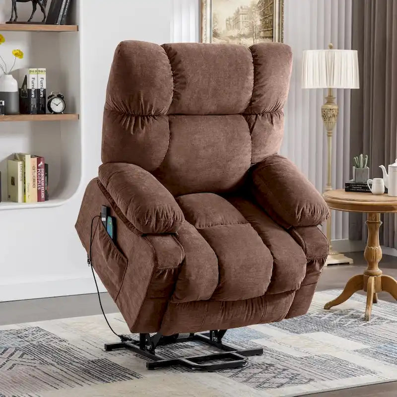 Fauteuil releveur électrique 1 place Bleu / Gris / Marron – Chauffant, massant et avec port USB de charge