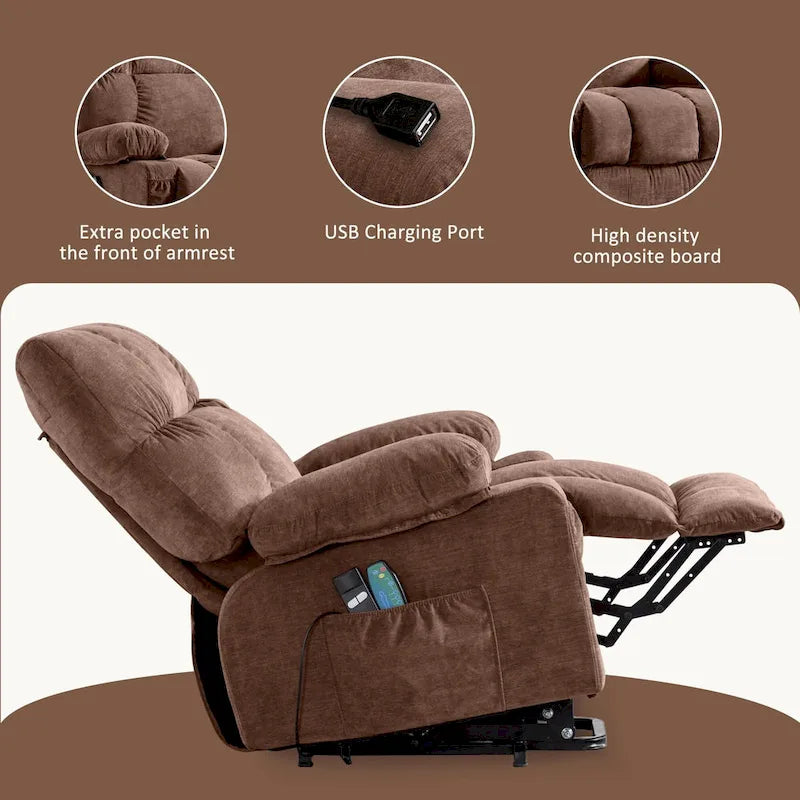 Fauteuil releveur électrique 1 place Bleu / Gris / Marron – Chauffant, massant et avec port USB de charge