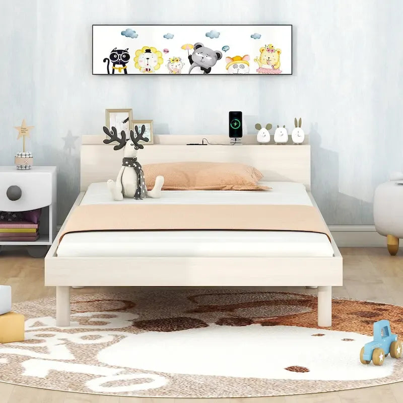 Lit plate-forme double blanchi avec port USB, pour 1 personne
