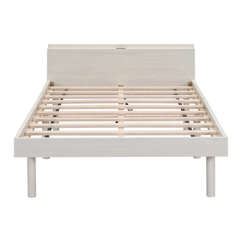 Lit plate-forme double blanchi avec port USB, pour 1 personne