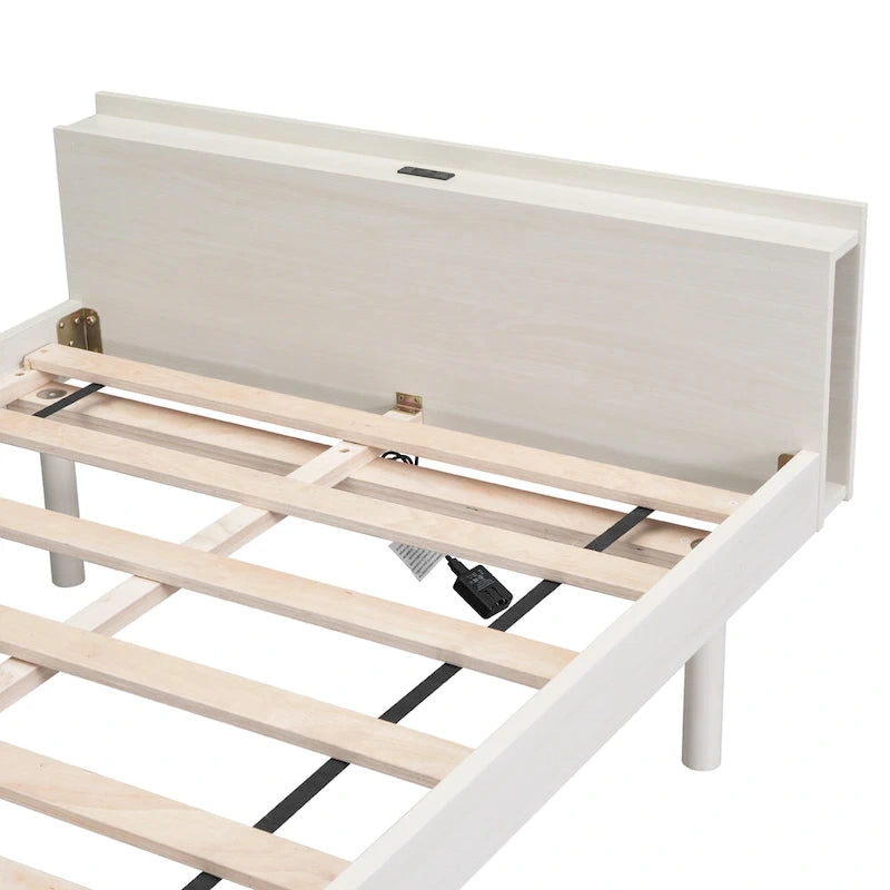 Lit plate-forme double blanchi avec port USB, pour 1 personne