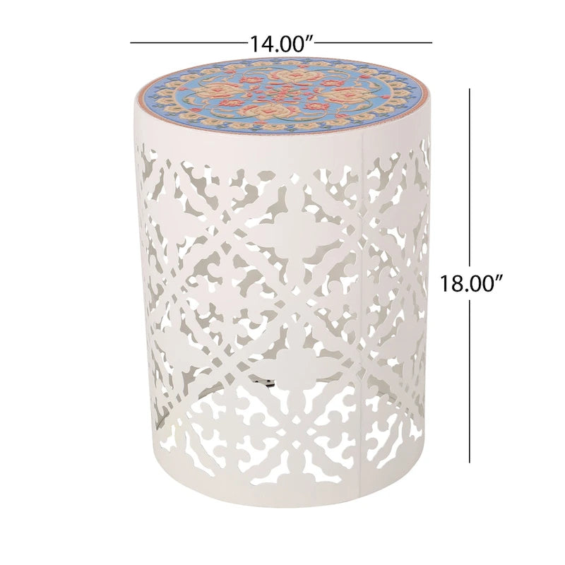 Table d'appoint en métal ajouré à plateau en mosaïque multicolore, bleu foncé/blanc/bleu sarcelle, 1 pièce