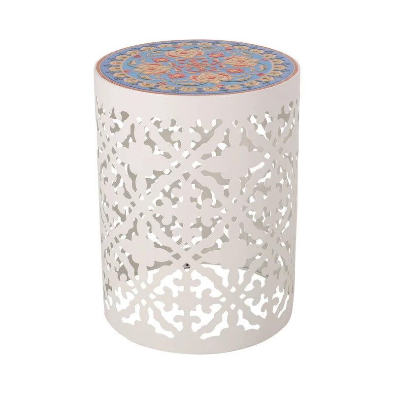 Table d'appoint en métal ajouré à plateau en mosaïque multicolore, bleu foncé/blanc/bleu sarcelle, 1 pièce