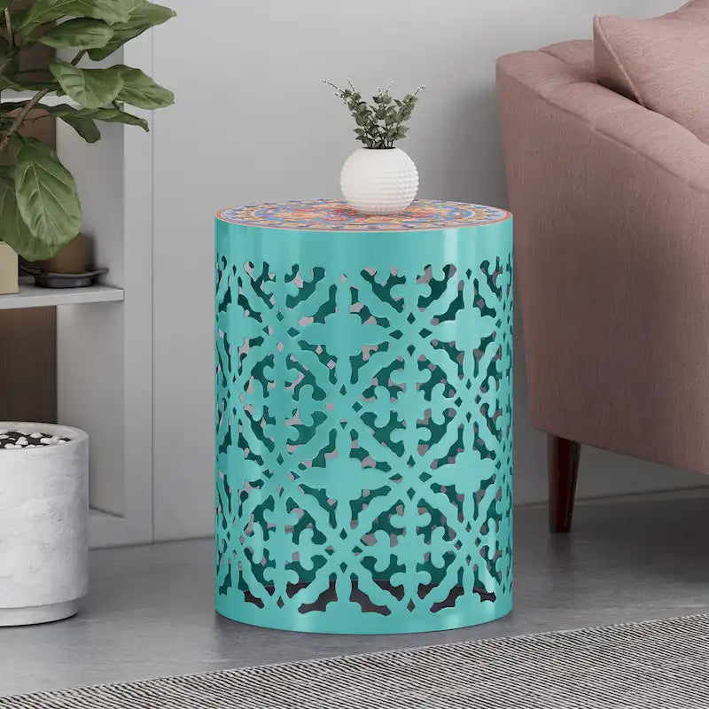 Table d'appoint en métal ajouré à plateau en mosaïque multicolore, bleu foncé/blanc/bleu sarcelle, 1 pièce