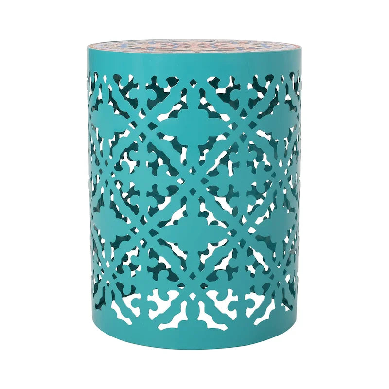 Table d'appoint en métal ajouré à plateau en mosaïque multicolore, bleu foncé/blanc/bleu sarcelle, 1 pièce