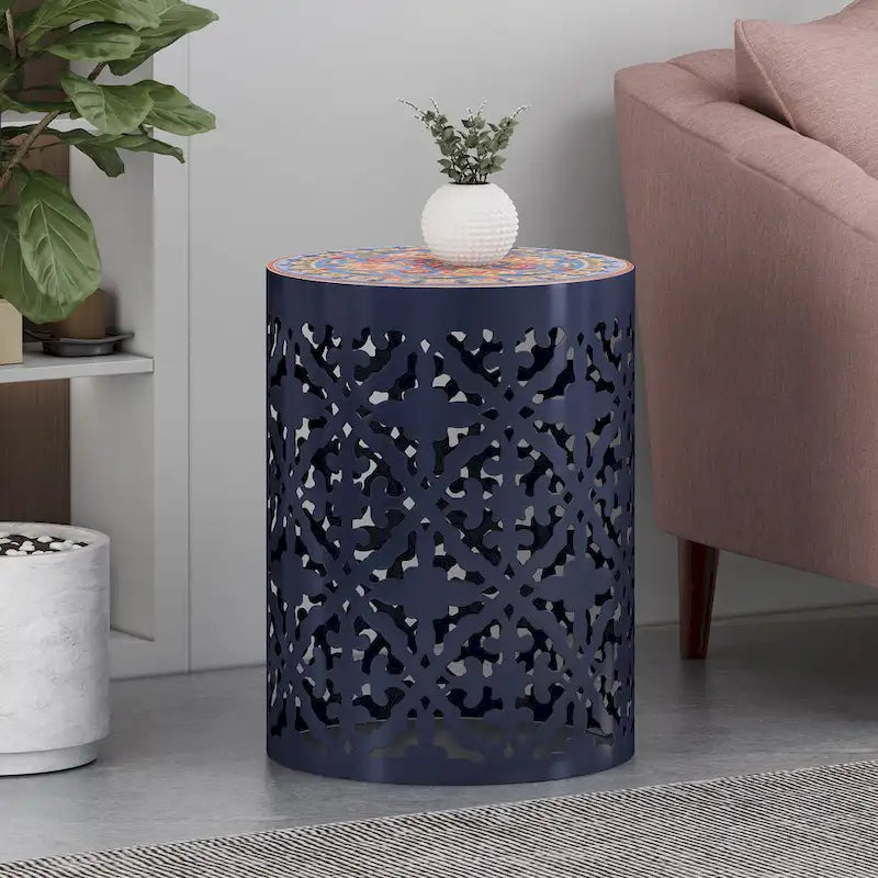 Table d'appoint en métal ajouré à plateau en mosaïque multicolore, bleu foncé/blanc/bleu sarcelle, 1 pièce