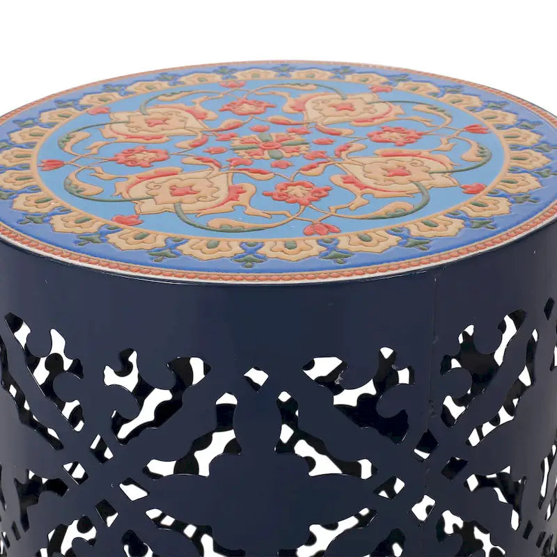Table d'appoint en métal ajouré à plateau en mosaïque multicolore, bleu foncé/blanc/bleu sarcelle, 1 pièce
