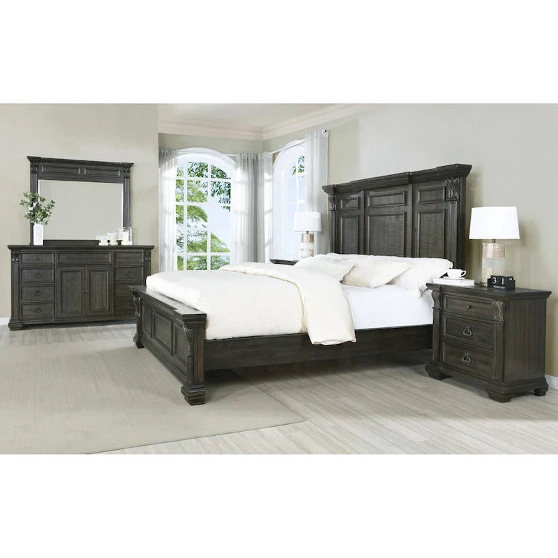 Ensemble de chambre à coucher en bois de noyer foncé – Lit, commode, miroir et 2 tables de chevet, très grand lit/grand lit