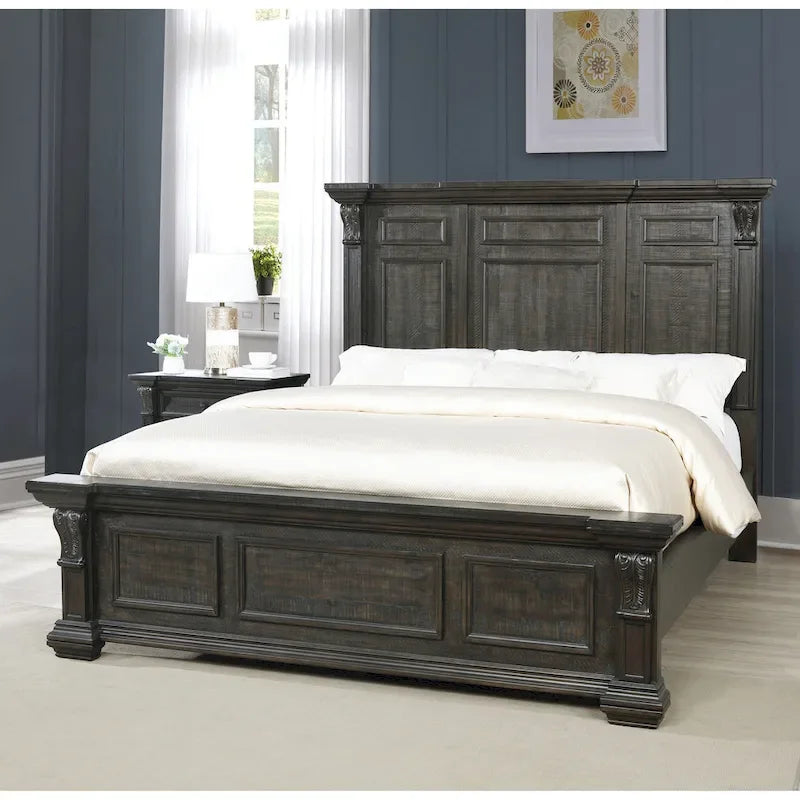 Ensemble de chambre à coucher en bois de noyer foncé – Lit, commode, miroir et 2 tables de chevet, très grand lit/grand lit