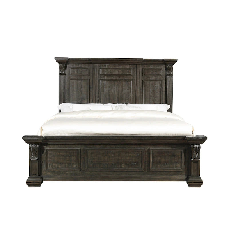 Ensemble de chambre à coucher en bois de noyer foncé – Lit, commode, miroir et 2 tables de chevet, très grand lit/grand lit