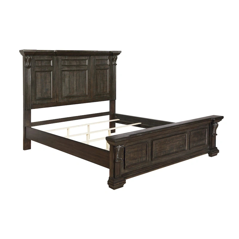 Ensemble de chambre à coucher en bois de noyer foncé – Lit, commode, miroir et 2 tables de chevet, très grand lit/grand lit