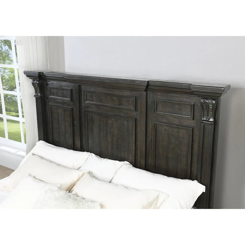Ensemble de chambre à coucher en bois de noyer foncé – Lit, commode, miroir et 2 tables de chevet, très grand lit/grand lit