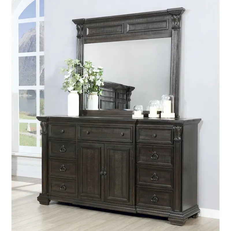 Ensemble de chambre à coucher en bois de noyer foncé – Lit, commode, miroir et 2 tables de chevet, très grand lit/grand lit