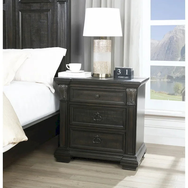 Ensemble de chambre à coucher en bois de noyer foncé – Lit, commode, miroir et 2 tables de chevet, très grand lit/grand lit