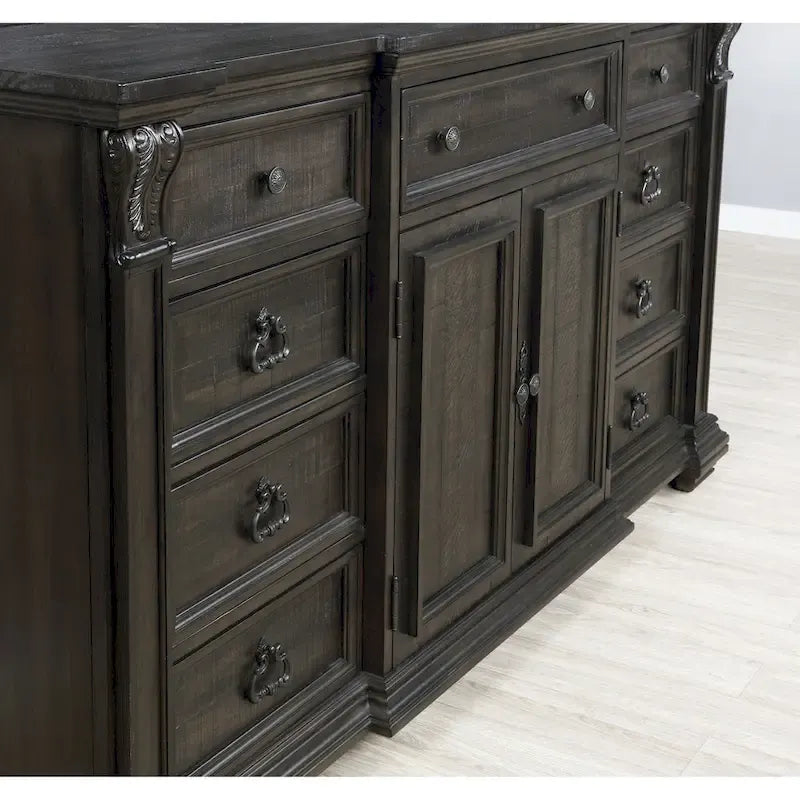 Ensemble de chambre à coucher en bois de noyer foncé – Lit, commode, miroir et 2 tables de chevet, très grand lit/grand lit