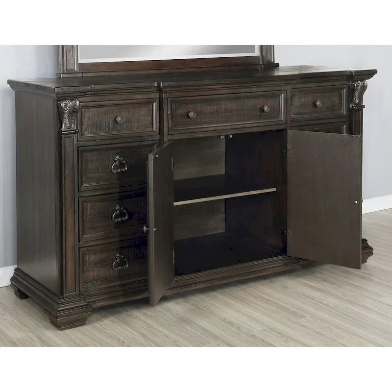 Ensemble de chambre à coucher en bois de noyer foncé – Lit, commode, miroir et 2 tables de chevet, très grand lit/grand lit