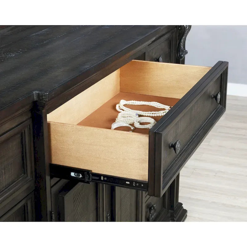 Ensemble de chambre à coucher en bois de noyer foncé – Lit, commode, miroir et 2 tables de chevet, très grand lit/grand lit