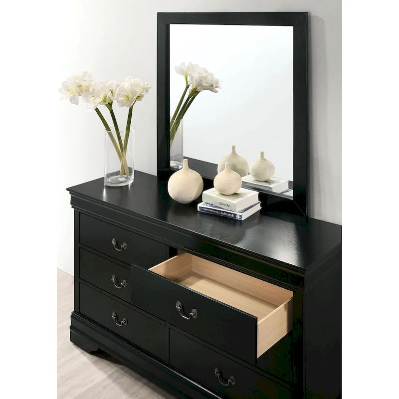 Commode 6 tiroirs avec miroir, coloris Cerise / Noir / Gris, style Transitionnel, ensemble 2 pièces