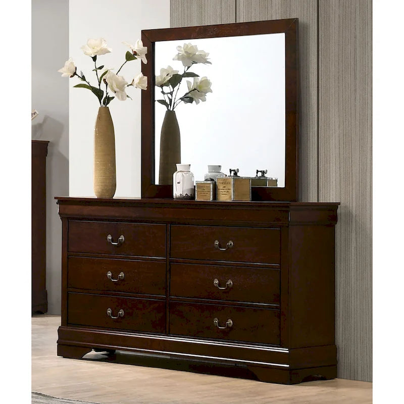 Commode 6 tiroirs avec miroir, coloris Cerise / Noir / Gris, style Transitionnel, ensemble 2 pièces