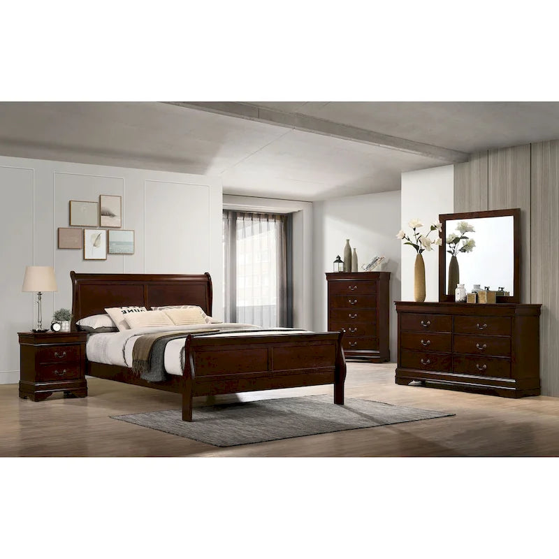 Commode 6 tiroirs avec miroir, coloris Cerise / Noir / Gris, style Transitionnel, ensemble 2 pièces