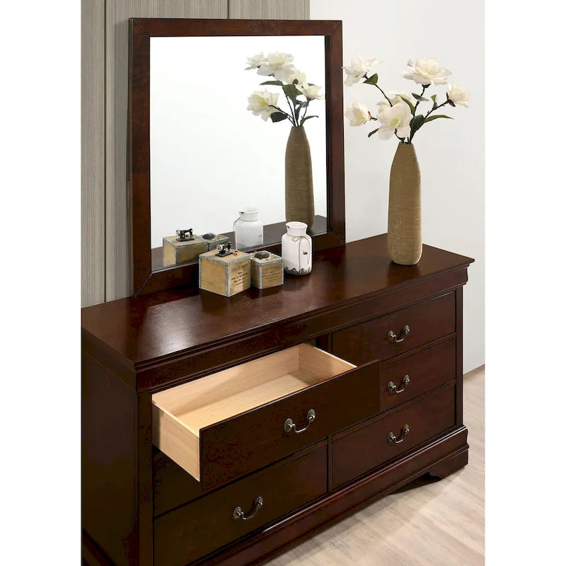 Commode 6 tiroirs avec miroir, coloris Cerise / Noir / Gris, style Transitionnel, ensemble 2 pièces