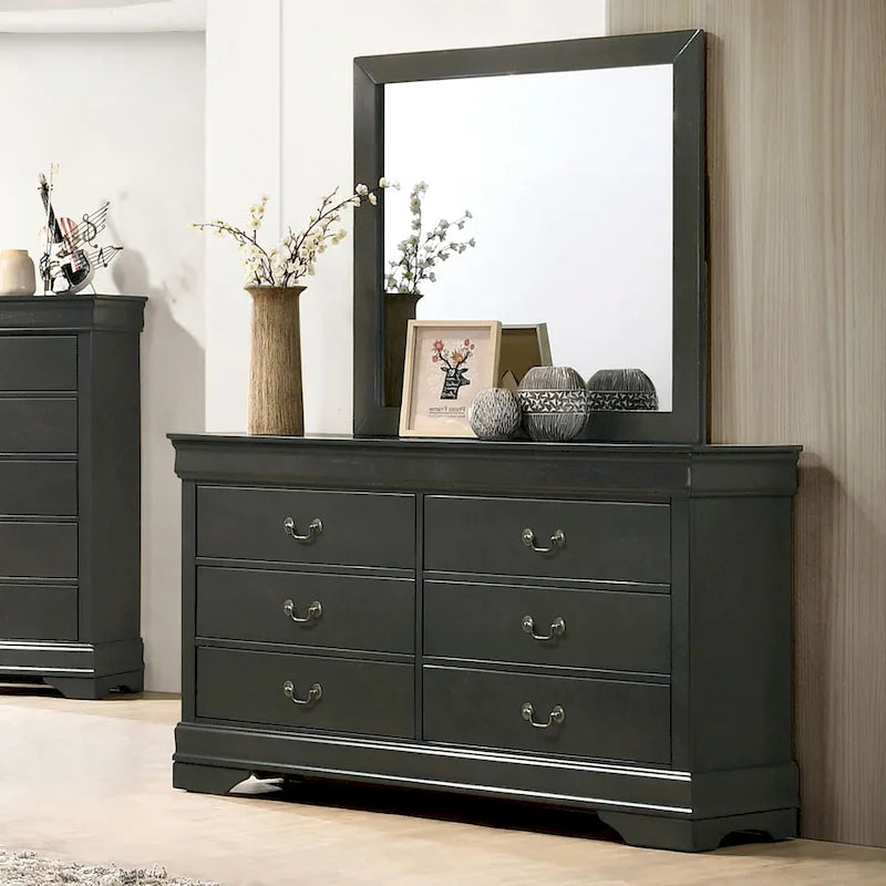 Commode 6 tiroirs avec miroir, coloris Cerise / Noir / Gris, style Transitionnel, ensemble 2 pièces