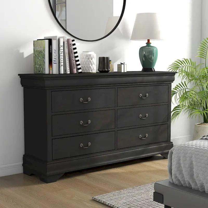 Commode 6 tiroirs avec miroir, coloris Cerise / Noir / Gris, style Transitionnel, ensemble 2 pièces