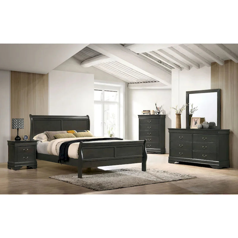 Commode 6 tiroirs avec miroir, coloris Cerise / Noir / Gris, style Transitionnel, ensemble 2 pièces