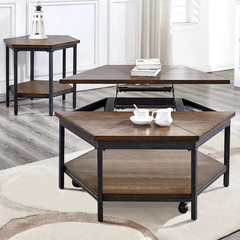 Table basse relevable hexagonale marron – Placage/MDF et piètement en fer