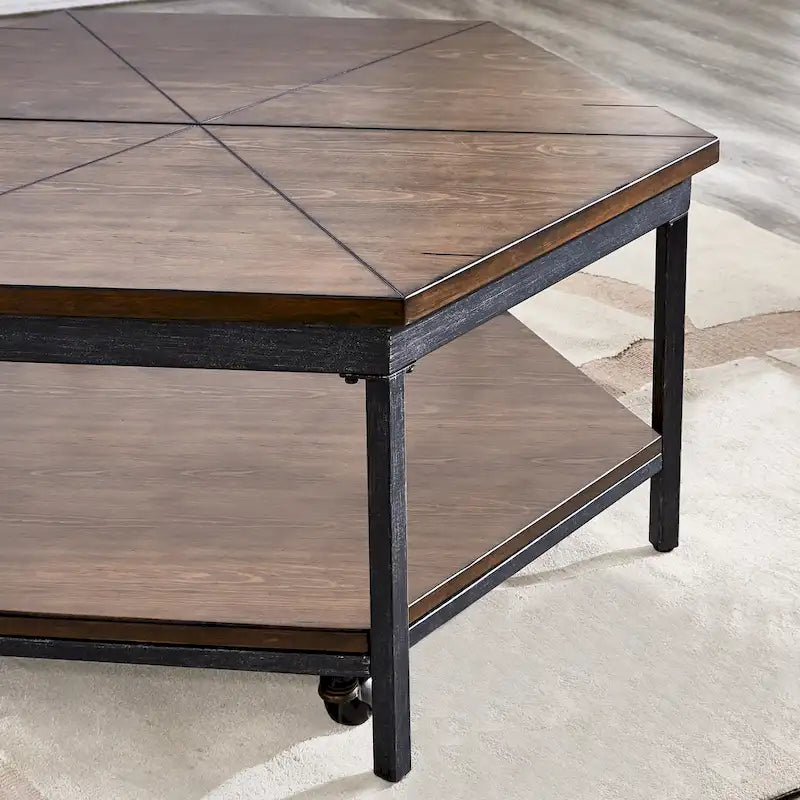 Table basse relevable hexagonale marron – Placage/MDF et piètement en fer
